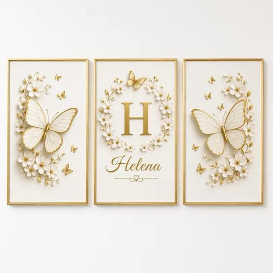 Kit 3 Quadros Decorativos Infantil Borboletas Douradas Floral Personalizado com Nome