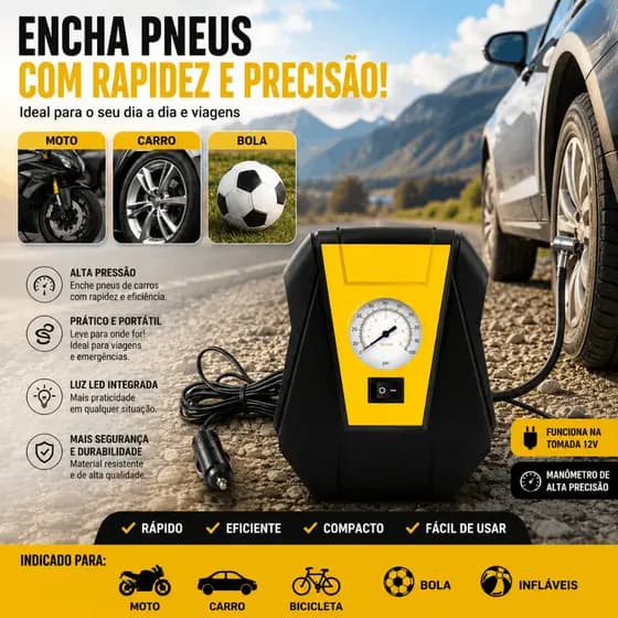 Mini Compressor de Ar Portátil 12V Enche Pneu Carro Moto Bicicleta Bola Infláveis Calibrador Alta Pressão