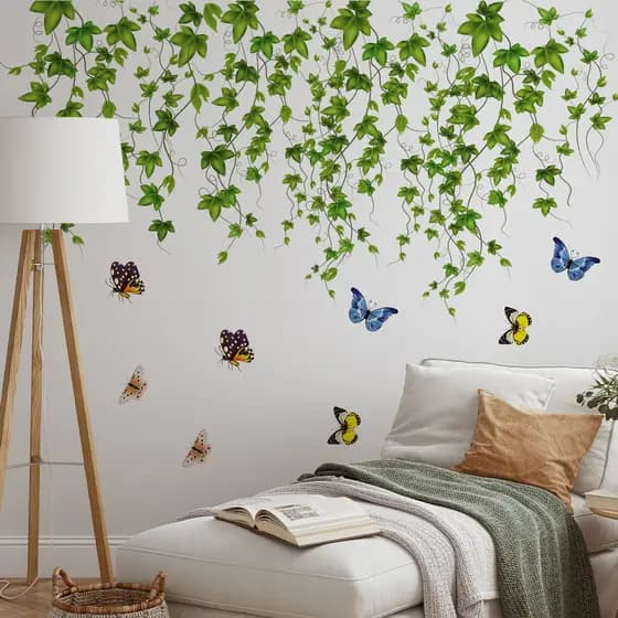 Adesivos de parede Planta verde Folha de bordo Videira Borboleta Decoração Adesivos de parede Quarto Sala de estar Decor