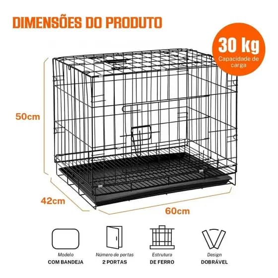 Gaiola de Transporte Dobrável para Cães - Caixa Metálica com 2 Portas e Bandeja (60x42x50 cm)
