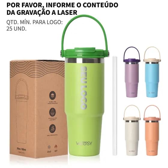 WATERSY Copo Térmico com Alça Personalizável - 891ml, À Prova de Vazamento, Perfeito para Café e Trabalho
