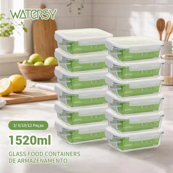 WATERSY Kit 12 1520ml Recipiente Hermético de Vidro Resistente Choque Térmico Lavável Lava-louças Marmita Saudável