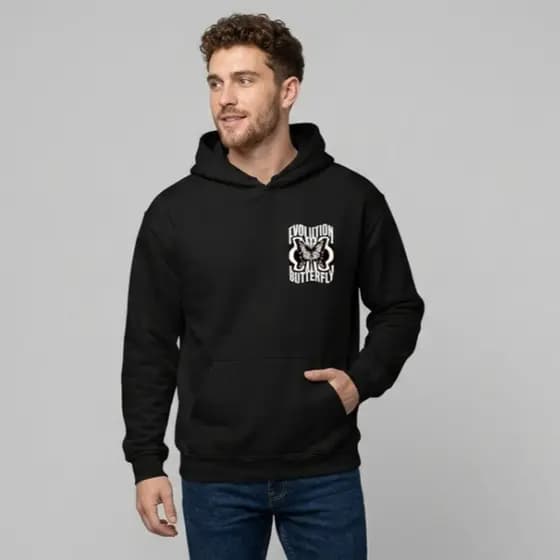Moletom Masculino Canguru Evolution Butterfly Preto Estampa Costas Streetwear