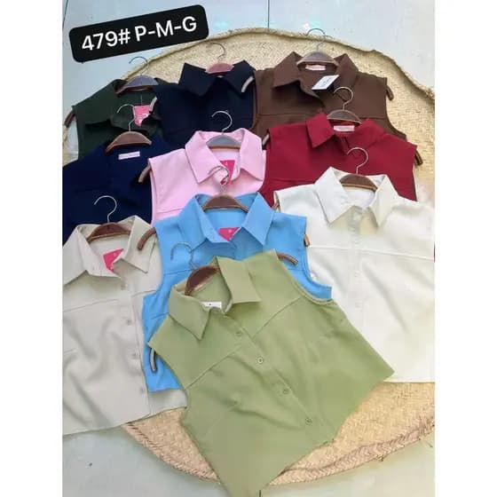 YAN FASHION Camisa Colete Sem Manga Alfaiataria Botão Frontal Gola Polo Elegante