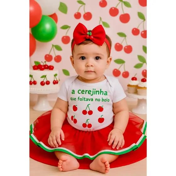 Body Cerejinha bebe Body Tematico Cerejinha Body Mesversario Cereja Body Cerejinha Que faltava no bolo Body Bebe Menina