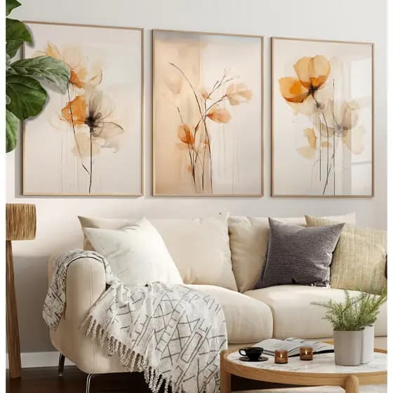 Quadros Decorativos Com Moldura Filete Abstrato Floral Sala Quarto Trio Arte Flores Tinta Alaranjada