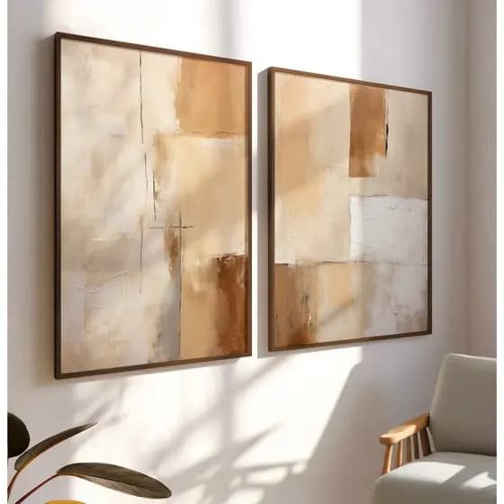 Quadros Decorativos Moldura Filete Sala Quarto Escritório Duo Abstrato Pintura Linhas Em Marrom Bege