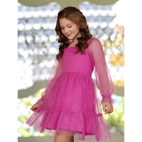 Vestido Glitter Rosa Manga Longa De Festa Casamento Formatura Infantil Juveni Rodado