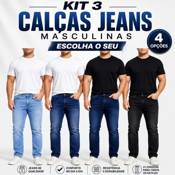 Kit 3 Calças Jeans Masculinas Toque Macio Confortável Barra Estruturada Caimento Impecável Estilo Atemporal