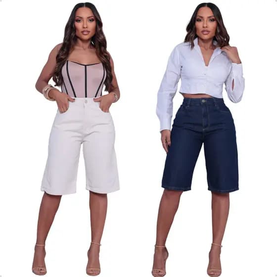 Bermuda Jordes Feminina Reta Cintura Alta Jeans 100% Algodão Perna Ampla Elegante Tendência