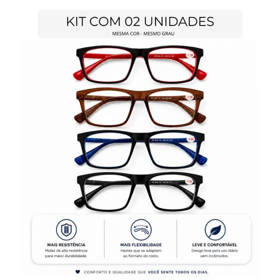 Kit com 02 Óculos de Grau Negativo Para Longe | Miopia | Quadrado Masculino Feminino
