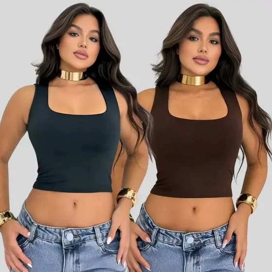 Kit Com 2 Cropped Blusa Regata Decote Quadrado Suplex
