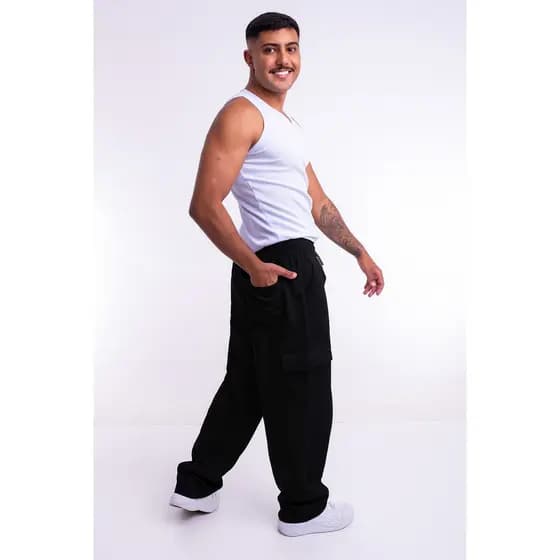 Calça Cargo Masculina Sarja Larga Estilo Street com 6 Bolsos Funcionais Confortável