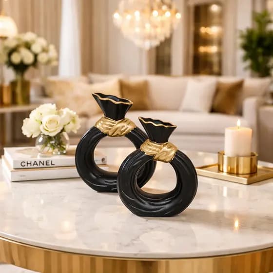 Dupla Vaso Decorativo com Detalhe Dourado Luxo Enfeite Moderno para Sala, Rack, Mesa de Centro e Aparador