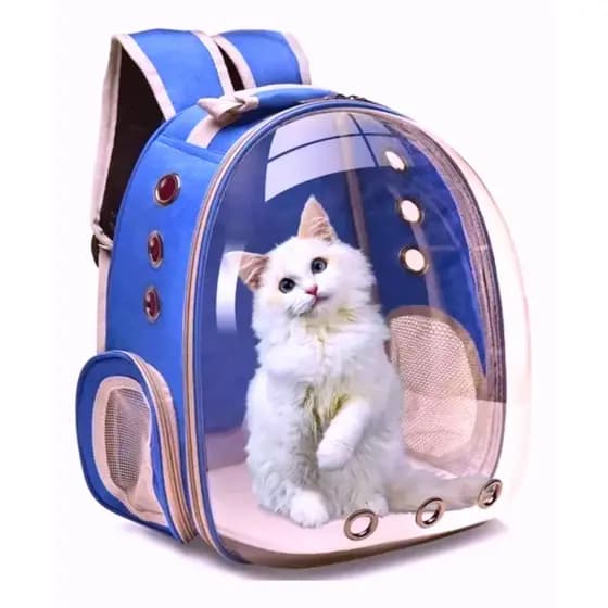 AZUL - Mochila Pet Transporte para Cães e Gatos Visão Ampla com Entrada de Ar