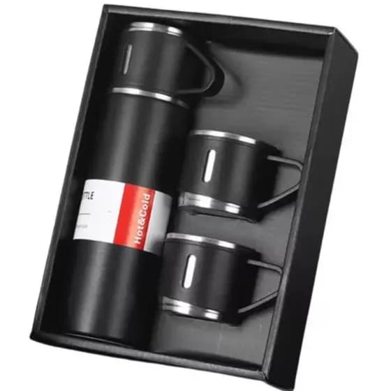 Jogo de Garrafa Térmica 500ML+ 3 Xícaras Aço Inoxidável -PRETO
