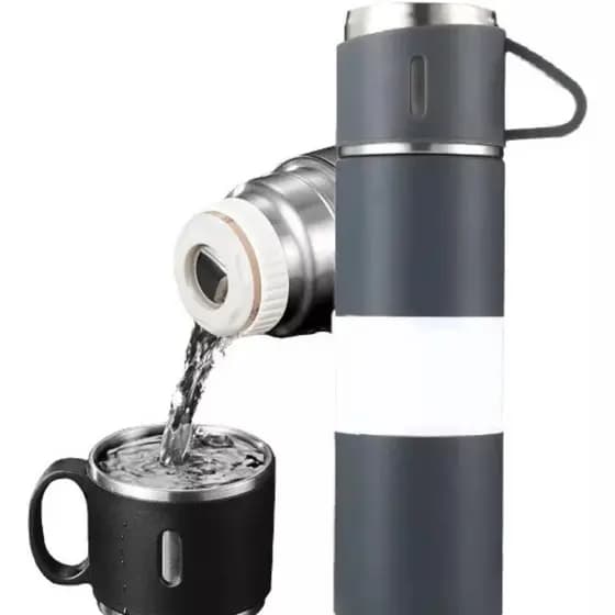 CINZA - Jogo de Garrafa Térmica 500ML + 3 Xícaras Aço Inoxidável