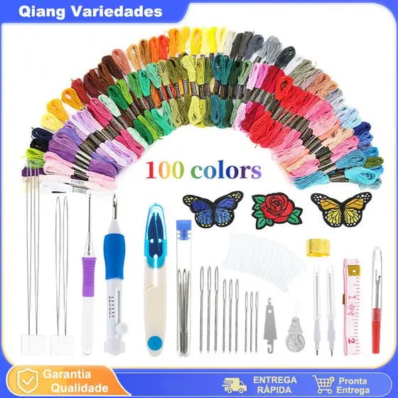 Kit Agulha Magica Ponto Russo – Acessórios para Bastidores + Linhas Ideal Para Iniciantes100 Cores