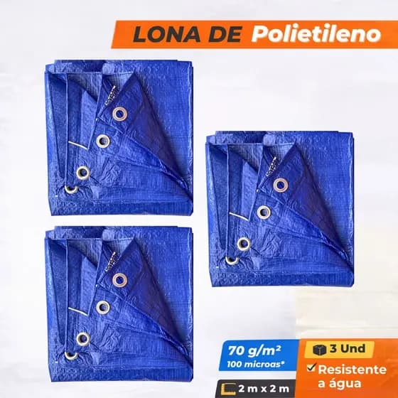 Kit 3 Lonas Azul 2x2m 100 Micras Toldo Camping Cobertura Agro Pesca Impermeável Multiuso Carrinhos Carretas Estoque Ajax