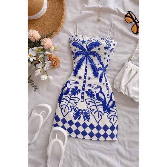 Vestido Tropical Feminino Coqueiros e Tucanos Ajustado ao Corpo