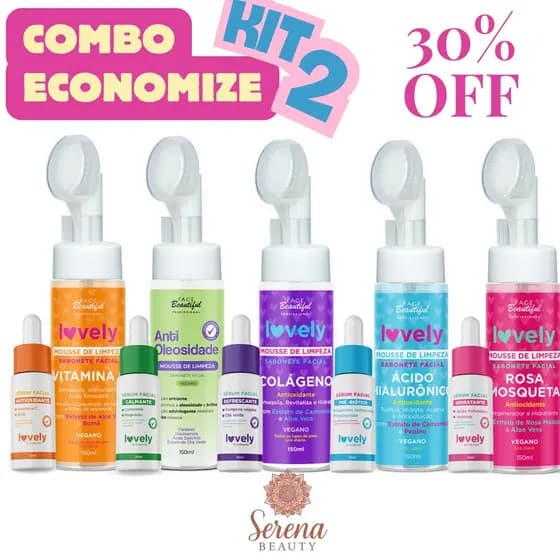 Kit Brilho Limpeza Mousse Facial e Sérum Lovely by Face Beautiful Skincare Anti-idade Hidratante Antioxidante Firmeza