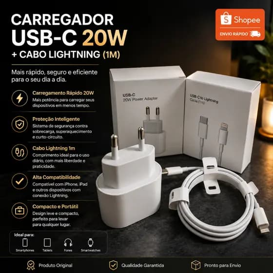 KIT Carregador Iphone Cabo + Fonte USB - C Lightning Turbo 20W Serie 8 11 12 13 14 Envio Imediato