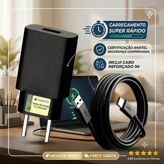 {ORIGINAL} KIT Carregador Fonte e Cabo Turbo 50W USB-C Tipo C Para Celular Android Resistente