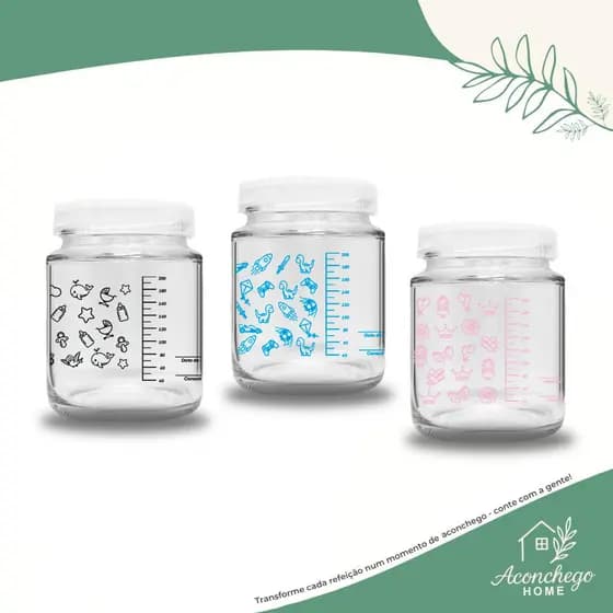 6 Potes de Vidro p Leite Materno 200ml – Livre BPA c/Graduação - Essenciais p/Amamentação-Armazenar