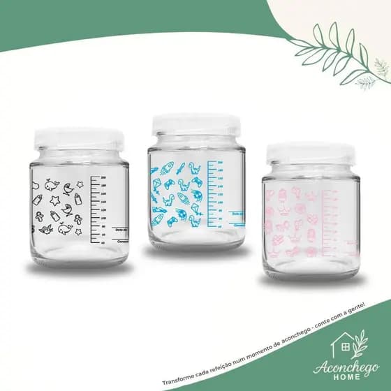3 Potes de Vidro p Leite Materno 200ml – Livre BPA c/Graduação - Essenciais p/Amamentação-Armazenar