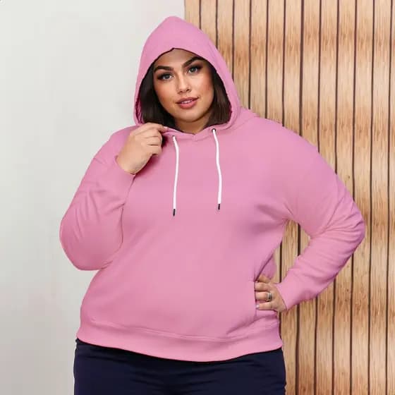 Moletom Plus Size Feminino Canguru Com Capuz Liso Blusa de Frio Casaco Blusao Inverno Moletom