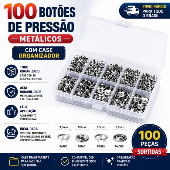 Botões de Pressão Metal 100 Peças Com Case Organizador | Refil ou Conjunto Completo Com Alicate