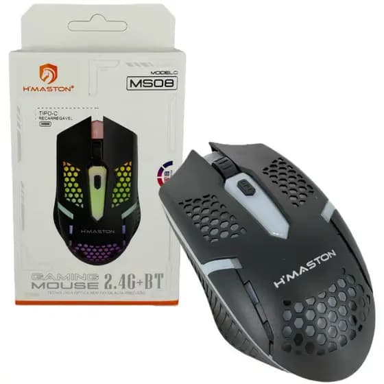 Mouse Gamer H’Maston MS08 2.4G + Bluetooth Recarregável RGB