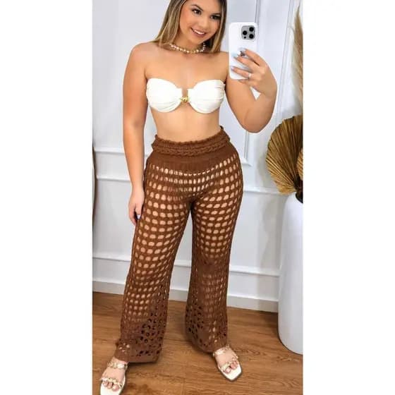 Calça feminina Saída de Praia Rendada Furão Tricot Cintura Alta com Elástico Moda Praia Verão