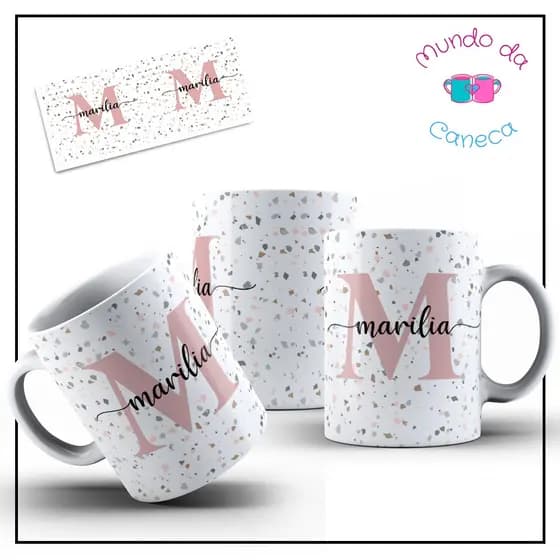 Caneca Personalizada com Inicial e seu Nome de Porcelana no Fundo Granilite - Temos Todas Iniciais