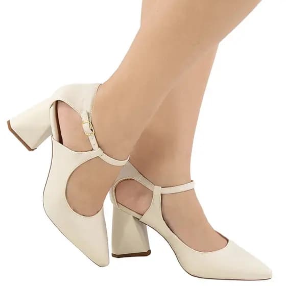 Scarpin Feminino Bico Fino Salto Bloco 7,5cm Moda Evangélica Tiras Elegante Macio Confortável