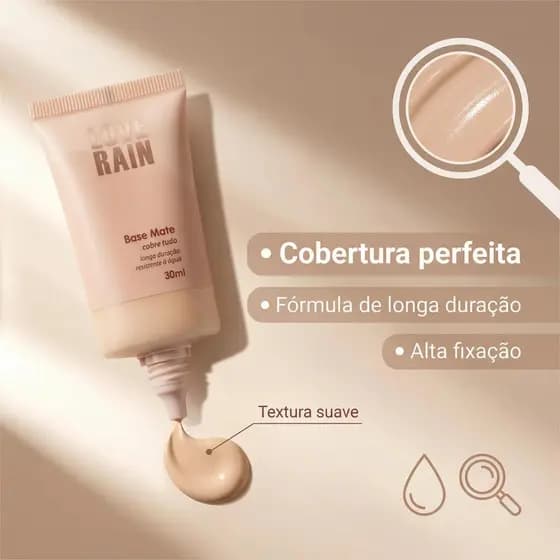 Base Líquida Matte Love Rain – Alta Cobertura, À Prova d’Água, Acabamento Perfeito