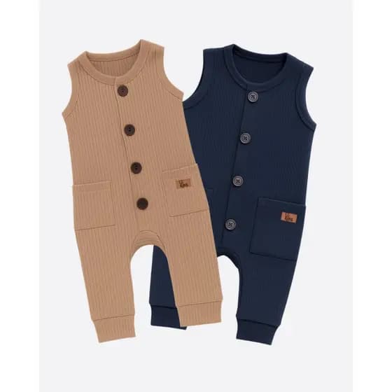 Kit com 2 Macacões Menino Regata canelados Verão com botões Bebê