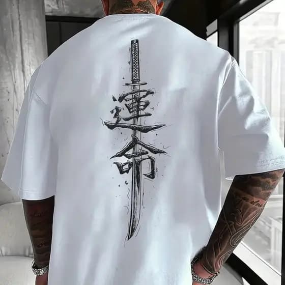 Camiseta 100% Algodão Estampada Espada Escrita Japonesa Katana Desenho Frente/Costas Minimalista Streetwear Skatista