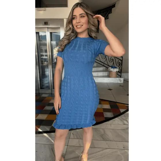 Vestido Tubinho Feminino Tricot Modal com Trança e Babado na Barra