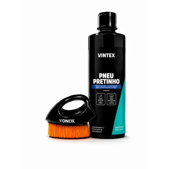 Pneu Pretinho Automotivo Brilho Intenso Vintex Vonixx 500ml + Escova Aplicadora De Pretinho Lingua De Gato 6x7cm Vonixx