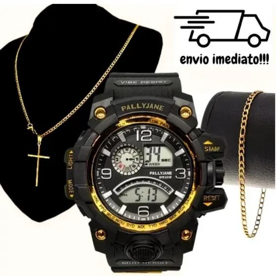 Kit Relógio Masculino Digital Esportivo + Corrente Cruz e Pulseira Presente Luxo