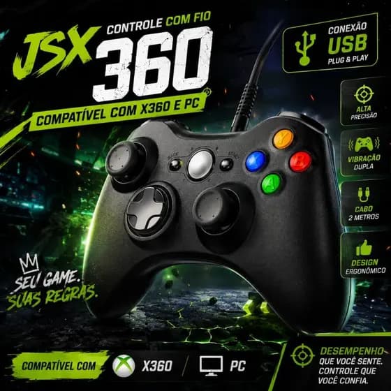 Controle Gamer USB KAP-360 Com Fio Dual Shock Vibração 2,1m Compatível Xbox 360 PC Notebook