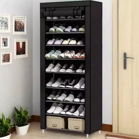 Estante de Sapatos 9/7 Camadas, Capacidade para 27 Pares, com Bolsos Laterais e Proteção contra Poeira.