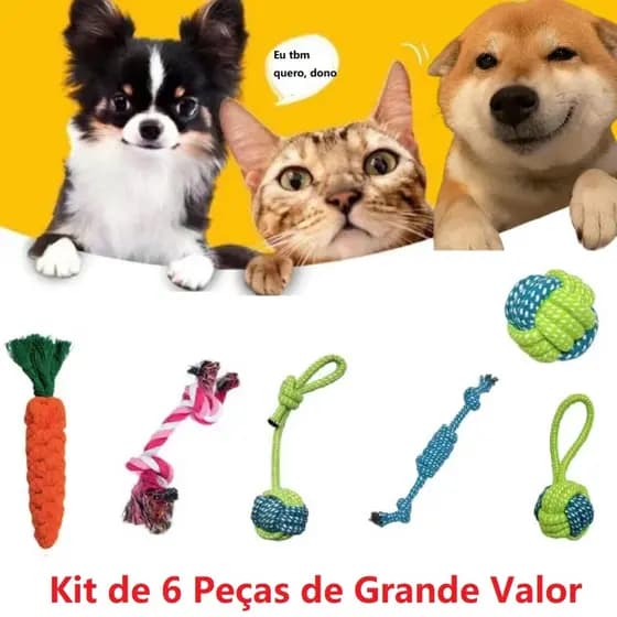 Kit 6 Brinquedos para Cães Mordedores Resistentes – Bola, Corda e Brinquedos Interativos para Filhotes e Adultos