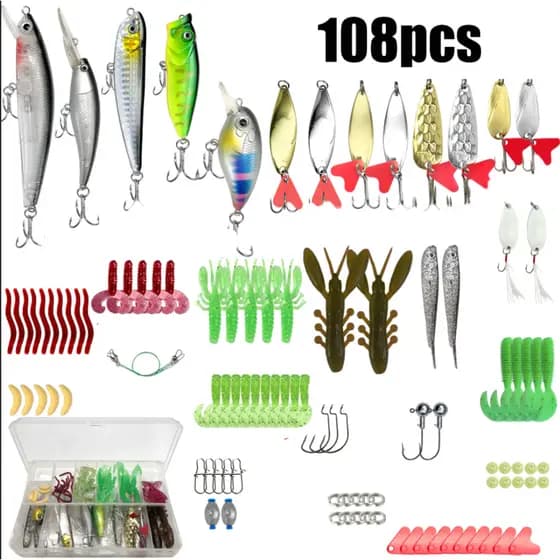 108 Pçs/Set Clássico Isca Artificial De Água Doce Lantejoulas De Água Do Mar Isca Macia Ray Sapo Minnow Isca Kit De Pesc