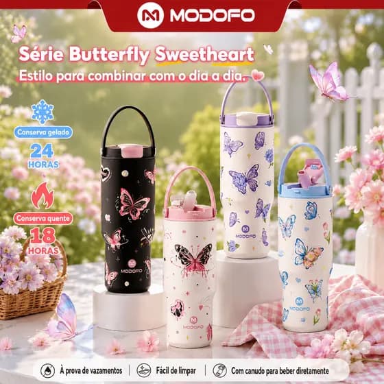 Copo Isolado MODOFO Butterfly Sweet Series Com Canudo Estético 304 SUS Garrafa Térmica De Água De Aço Inoxidável Botol A