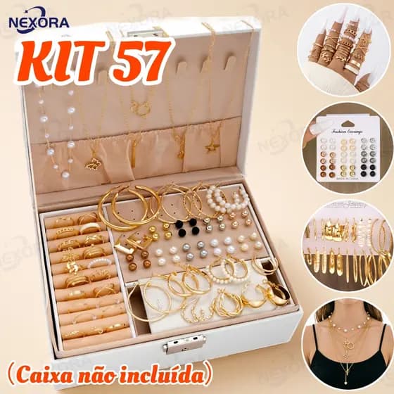 Kit 57 de Joias Femininas 57 Peças Colares Brincos e Anéis Dourados A Prova d'Água Presentes Surpresas