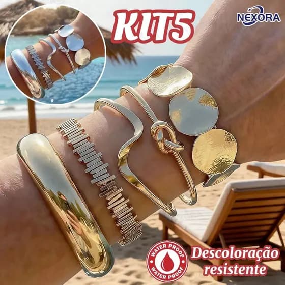 Kit 5 Pulseiras Femininas Ajustáveis Estilo Praia Boho Chic Dourado/Prata Conjunto Elegante Moda Verão