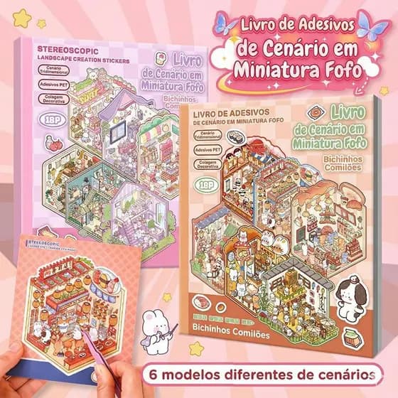 Caderno Adesivos 3D Sem Tela Brinquedo Educativo Presente Criança 6 Cenas 18 Páginas Bichinhos Fofos