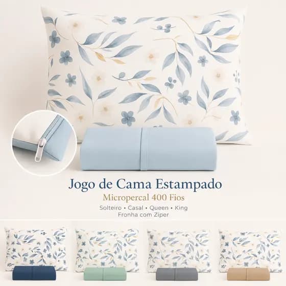 Jogo de Cama Solteiro Casal Queen King Coleção Estampados Micropercal 400 Fios Fronha Em Zíper